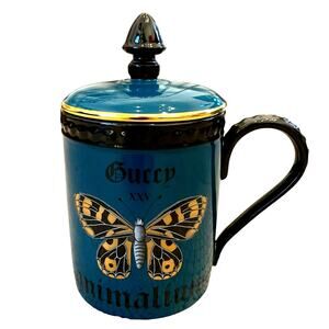 GUCCI XXV Animalium Print Mug Porcelain Butterfly with Lid Blue Black Gold NEW